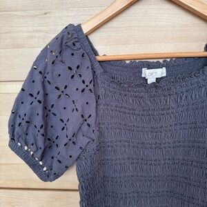 LOFT Navy Eyelet Puff Sleeve Blouse